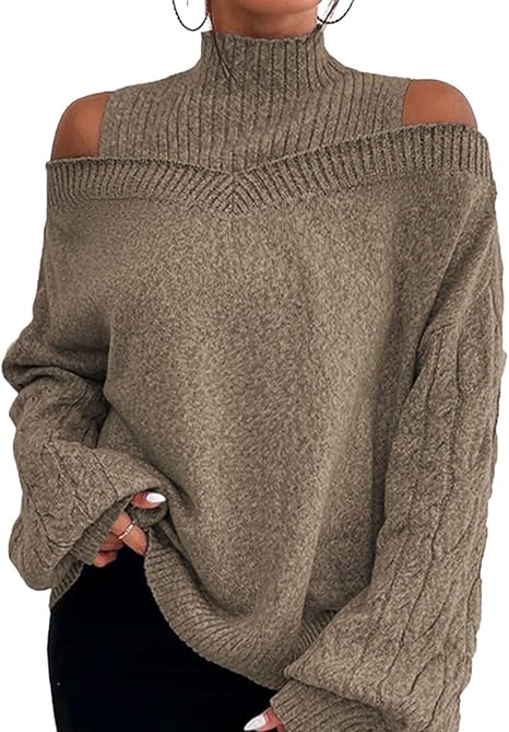 Sweaters for Womens Fall Fashion Casual Off The Shoulder Long Sleeve Solid Knit Pullover Sweater Top