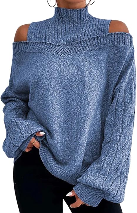 Sweaters for Womens Fall Fashion Casual Off The Shoulder Long Sleeve Solid Knit Pullover Sweater Top